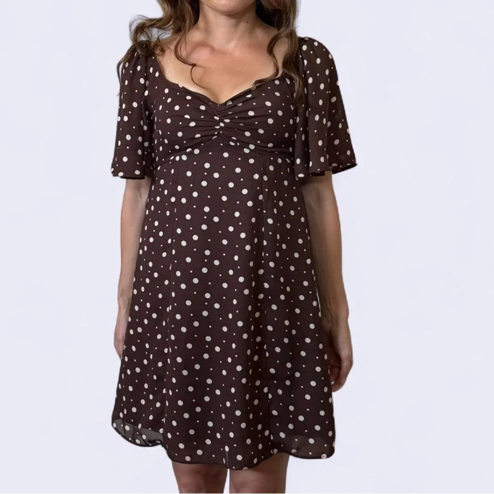 abercrombie brown polka dot dress Abercrombie & Fitch Brown Pattern Angel Sleeve Trapeze Mini Dress- Siz   The Saved Collection